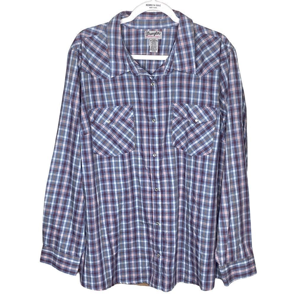 Wrangler Men’s Sz 3XL Gingham Plaid Pearl Snap Cowboy Western Pocket Shirt
